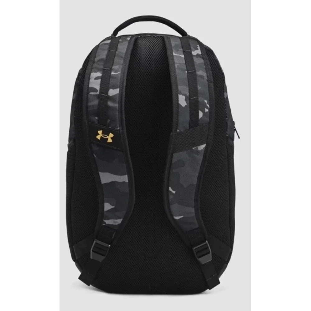 Under Armour Hustle 5.0 Storm Black Gray Camo Laptop Backpack Gold Logo School